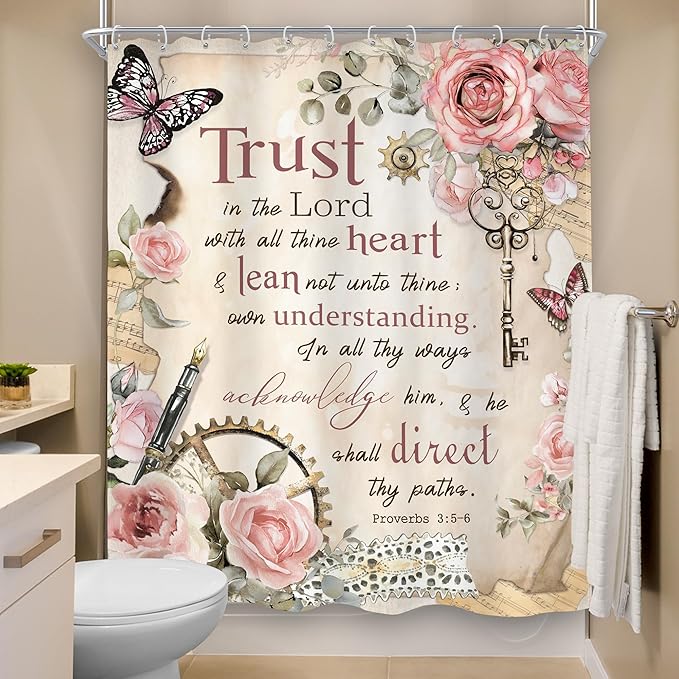 MESHELLY Vintage Pink Christian Shower Curtain 60Wx72H Retro Floral Bible Verse Bathroom Curtain Scripture Bath Curtain Fabric Rustic Flower Butterfly Quotes Bathroom Accessories Decor with 12 Hooks