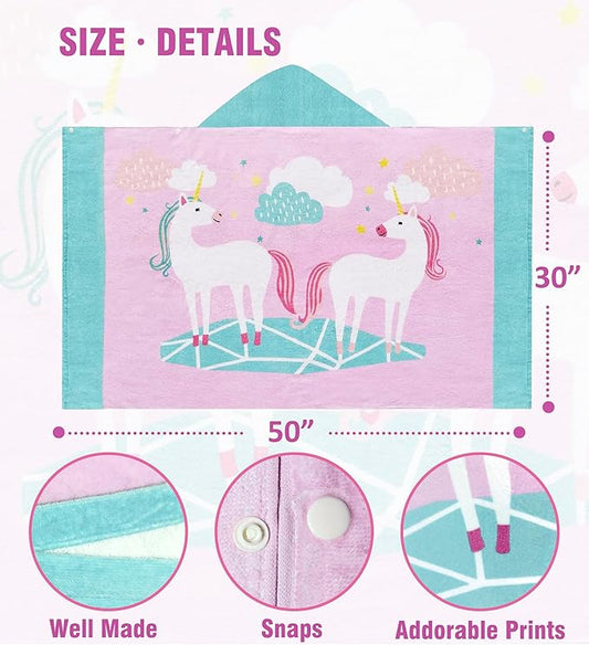 Kids Bath Towel Hooded - Cotton Kids Beach Towel 30"x50" for Ages 3 to 10, Toddler Towels with Hood Snaps, Soft Terry Poncho Towel as Pool Swim Cover Ups for Girls Boys (Unicorn Pink)