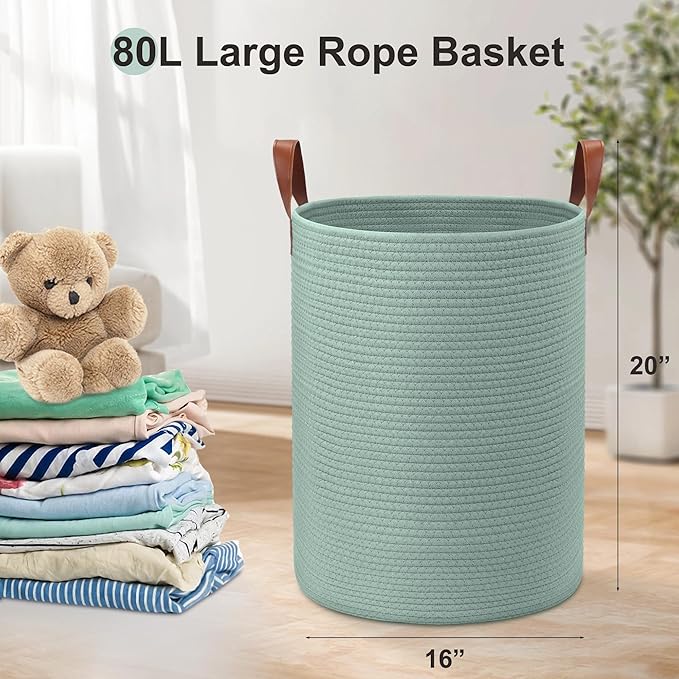 80L Large Rope Basket, Woven Rope Storage Basket with Leather Handles, Dog Toy Storage Basket, Bedroom, Nursery Blanket Storage, Bathroom Laundry Basket, 16“x20” Tall Rope Basket (Green)