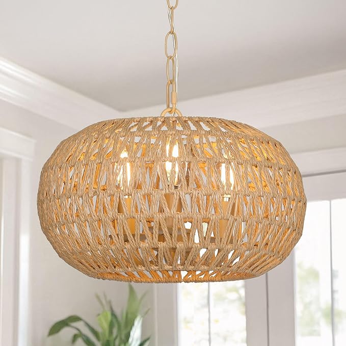 Rattan Farmhouse Chandeliers for Dining Room, 3-Light Boho Chandelier with Wicker Lampshade, Coastal Hanging Ceiling Pendant Light Fixtures for Kitchen Island Bedroom Living Room, E12 Base