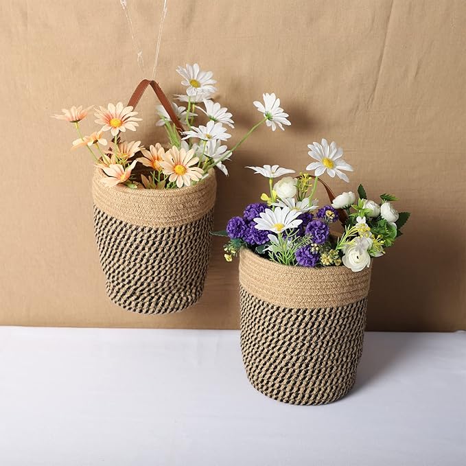 Hanging Basket(2Piece) Wall Woven Cotton Rope Storage Basket with Leather Decorative Baskets Organizer for Kitchen Office Bedroom,Plants,Towels, Toys