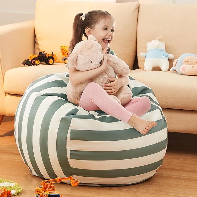 EXQ Home Kids Bean Bag Chairs Cover -Stuffed Animal Bean Bag Storage Green and White Stripes-Zipper Bean Bag for Organizing Children Plush Toys Holiday Gift for Girl,Boys