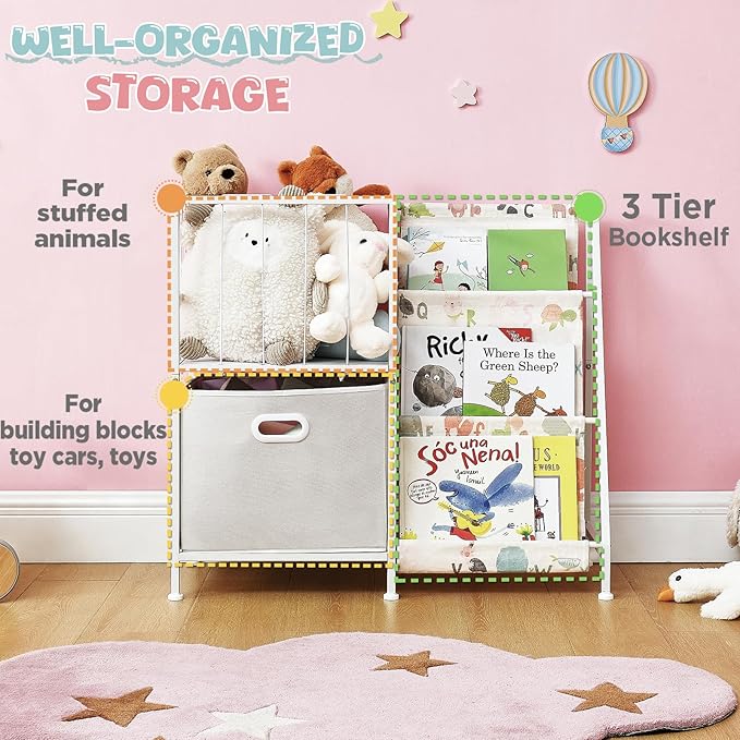 Kids Bookshelf and Toy Storage Organizer, 3 Tier Bookcase Book Shelf Stuffed Animal Storage with Toy Bins for Toddler Kids Rooms, Bedroom, Playroom, Nursery, Montessori Baby Toddler