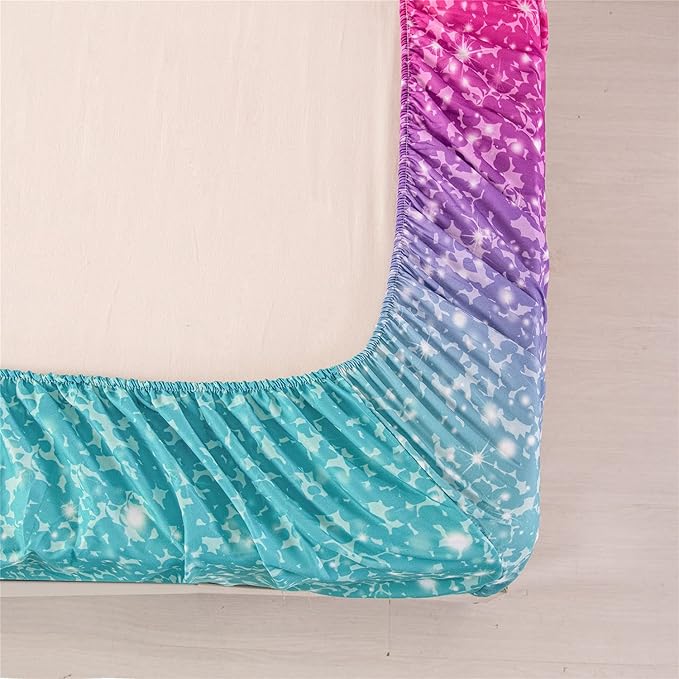 RYNGHIPY Colorful Glitter Bed Sheet Collections, Glitter Rainbow Theme Fitted Sheet Full Size, Mermaid Design Sheets Set for Girls (Pink Blue,Full)