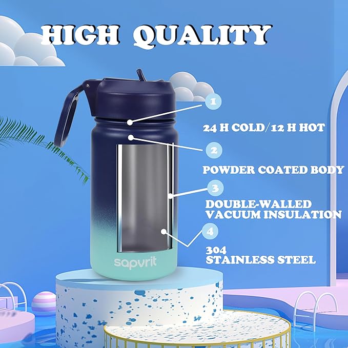 Kids Water Bottle, 16OZ Water Bottles Kids with Straw, Stainless Steel Vacuum Double Wall Insulated cup, Kids Water Bottle for School, Gifts for Boys (GREEN YELLOW, 16OZ)