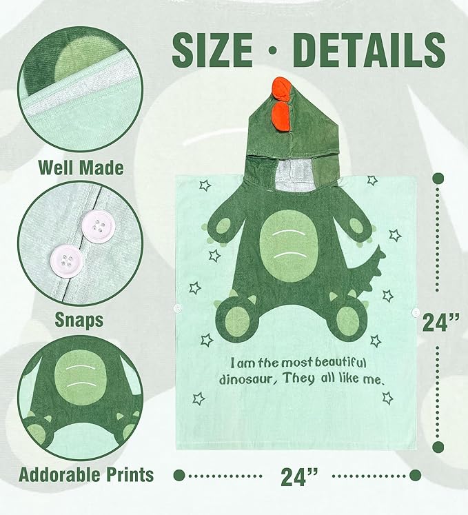 Toddler Bath Towel Hooded - Cotton Kids Beach Towel 24"x24" for Ages 1 to 5, Toddler Towels with Hood Snaps, Soft Terry Poncho Towel as Pool Swim Cover Ups for Girls Boys (Dino Green)