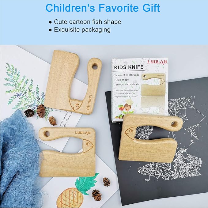 Wooden Kids Knife for Cooking and Safe Cutting Veggies Fruits, Cute Fish Shape Kids Kitchen Tools, Perfect Gifts for kids, 2-5 Years Old Applicable