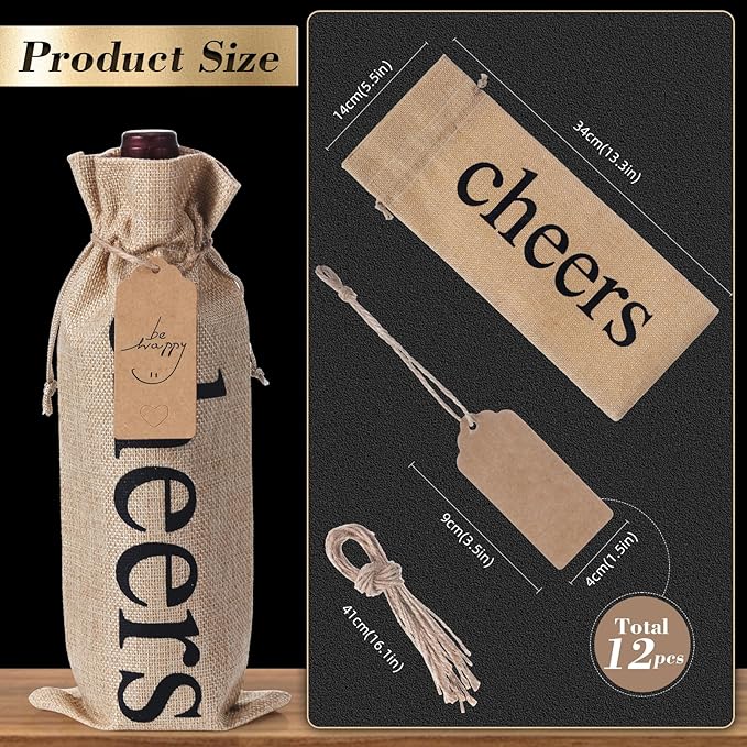 SIRIPHUM Burlap Wine Bags and Gift Tags, Wine Bottle Gift Bags with Drawstrings,Wine Bags Gift for Travel, Wedding, Holiday Party,Birthdays,Housewarming and Dinner Party (Red-12PCS)