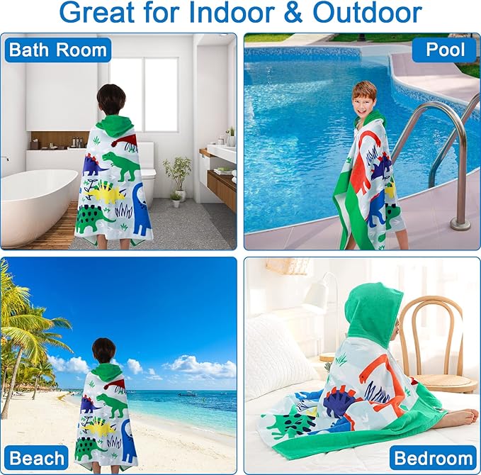 Wowelife Kids Beach Towels, Hooded Towels for Kids, Dinosaur Poncho Towel Wrap, Premium 100% Cotton Soft and Breathable, Extra Large 50"x30", Multi Use for Bath Pool Beach Swim Bathroom