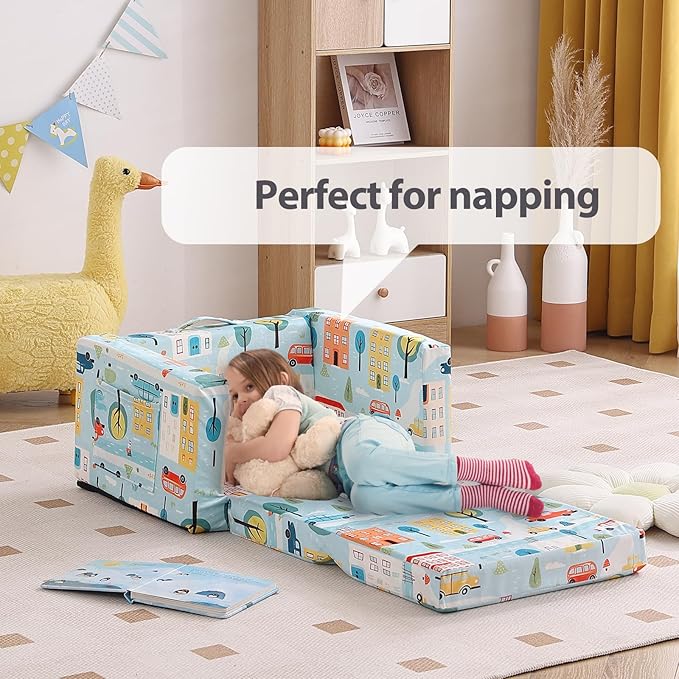 Tiita Kids Couch Fold Out, Toddler Sofa Bed Chairs, 2-in-1 Kids Couch Plush Chair, Folding Children Sofas to Lounger, Toddler Comfy Armrest Chair Bed Sofa for Girl or Boy, Car