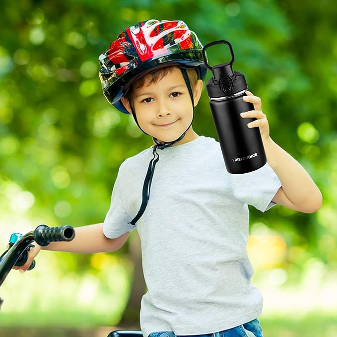 Kids Insulated Water Bottle with Straw,14oz Stainless Steel Water Bottle,BPA-free and Leak-proof,Double Wall Vacuum Water Flask for School,Gifts for Boys and Girls(14oz,Black)