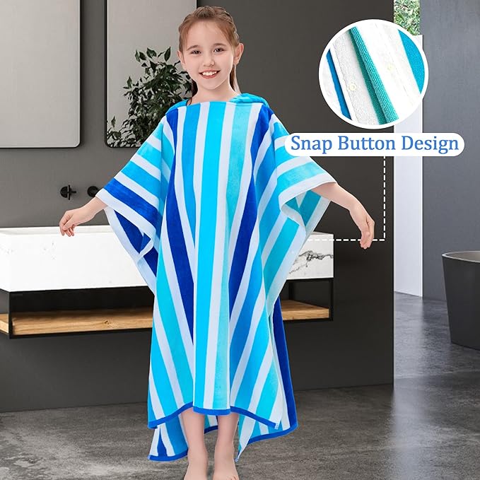 VOOVA & MOVAS Teens Poncho Towel with Hood (8-16Years), 100% Cotton Thick Poncho Towel Robe for Teens, Perfect for Pool, Beach, Bath and Gifts,Blue Stripe