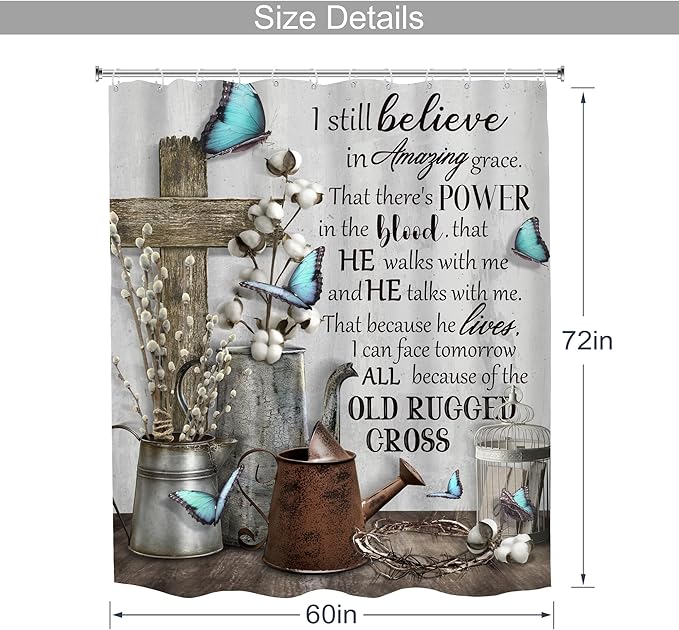 MESHELLY Rustic Farmhouse Christian Shower Curtain 60Wx72H Bible Verse Blue Butterfly Bathroom Curtain Vintage Inspirational Quotes Scriptures Motivational Country Fabric Bathroom Decor with 12 Hooks