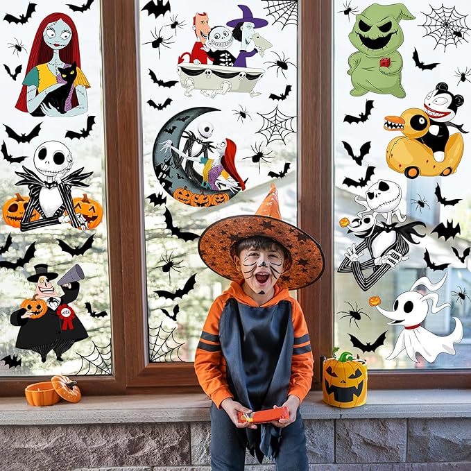Halloween Window Clings 9 Styles, Nightmare Christmas Window Decorations Removable Stickers, Bats Spider Cartoon Window Decals 8 Sheets for Spooky Halloween Party Home Decor