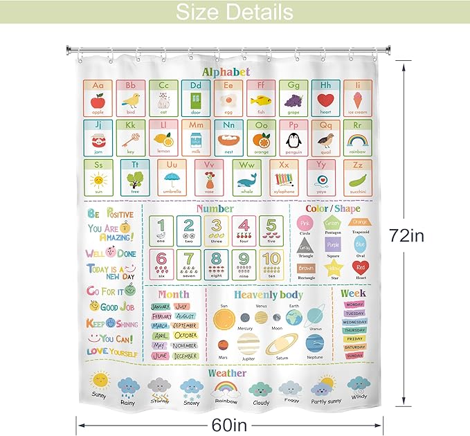 MESHELLY Kids Alphabet ABC Shower Curtain 60Wx72H Educational Funny Cartoon Cute Number Shape Baby Nursery Bathroom Curtain Colorful Bath Curtain Cloth Fabric Bathroom Accessories Decor with 12 Hooks
