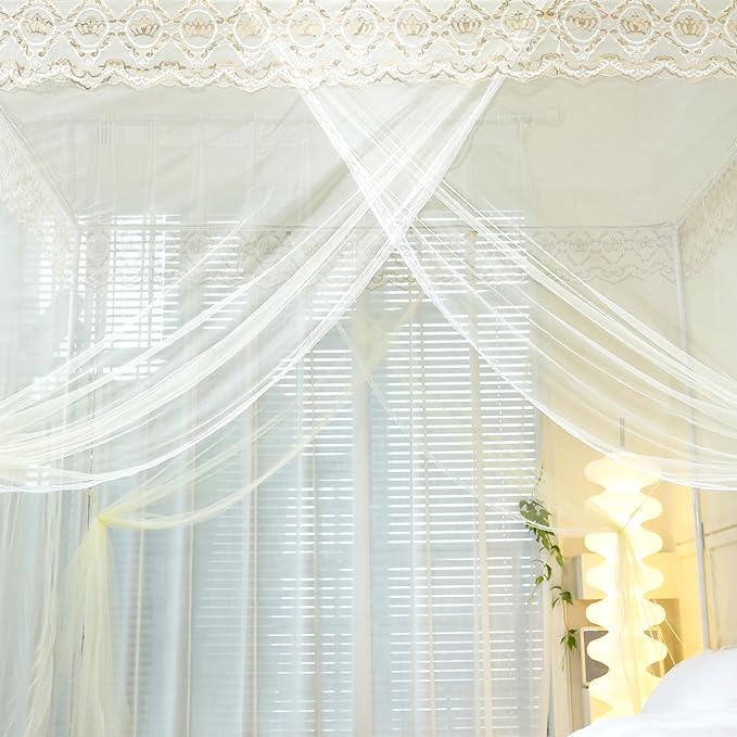 Bed Canopy, Princess Bed Curtain Net for Girls & Adults,Three-Doors Rectangle Lace Dome Netting (Yellow, King)