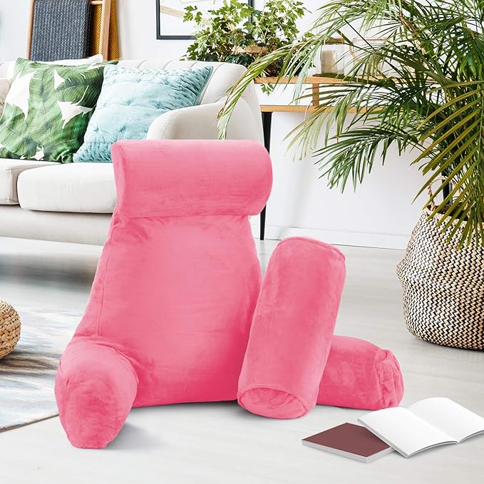 Nestl Reading Pillow Large Bed Pillow, Back Pillow for Sitting in Bed Shredded Memory Foam Chair Pillow, Reading & Bed Rest Pillows Light Pink Back Pillow for Bed, Bed Chair Arm Pillow with Pockets