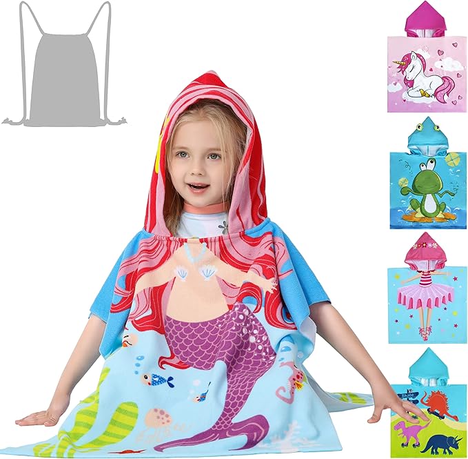 Lightweight Microfiber Hooded Beach Towel for Kids, Toddlers Bath/Pool/Swim Poncho Cover-ups Swimwear (3D Mermaid with bag)