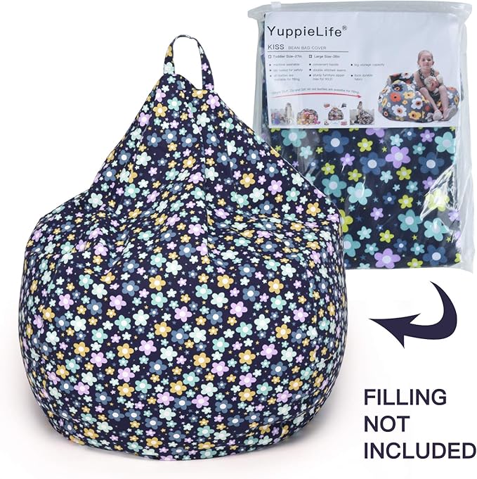 YuppieLife Kids Storage Bean Bag Cover(No Filling) Toy Organizer|Carrying Handle Sofa|Available for Kids and Teenager|Cuddle Chair|Machine Washable and Durable(38“,Blue Flowers)
