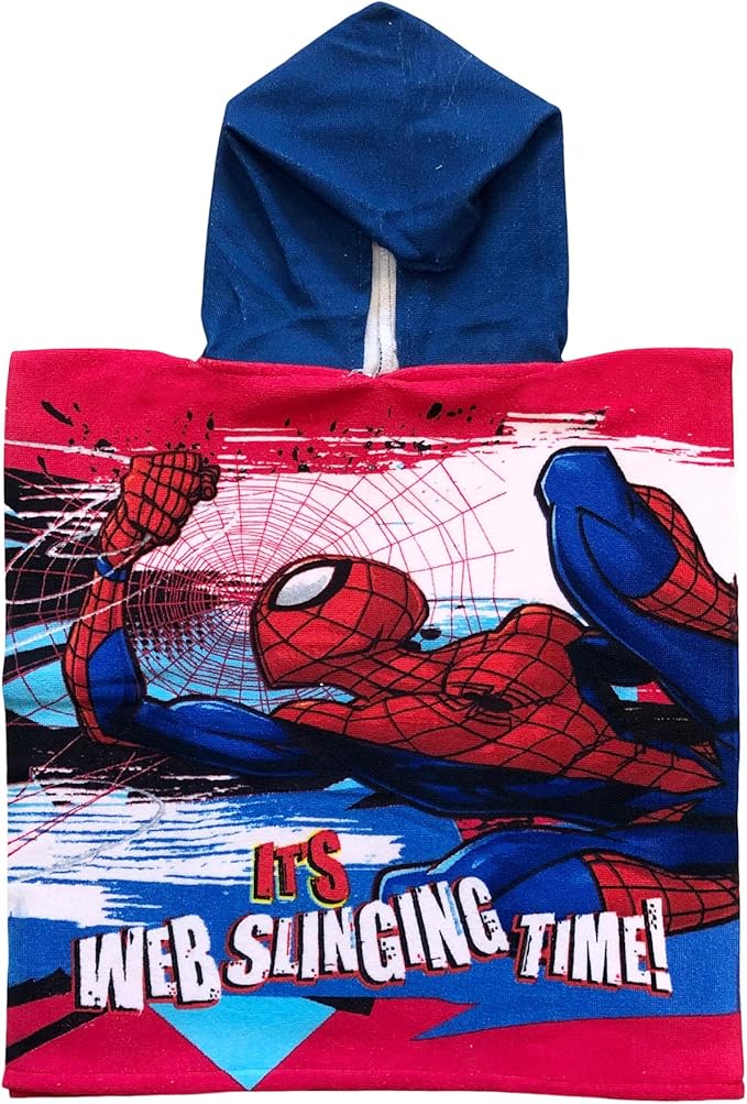 MARVELS Spiderman Its Web Slinging Time!' Blue Hooded red Poncho Towel