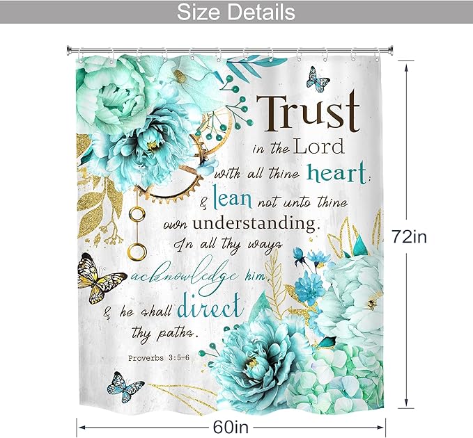 MESHELLY Teal Shower Curtain 60Wx72H Flower Christian Shower Curtain Farmhouse Bible Verse Rustic Blue Floral Shower Curtain Women Inspiration Quote Scriptures Bathroom Decor Fabric with 12 Hooks