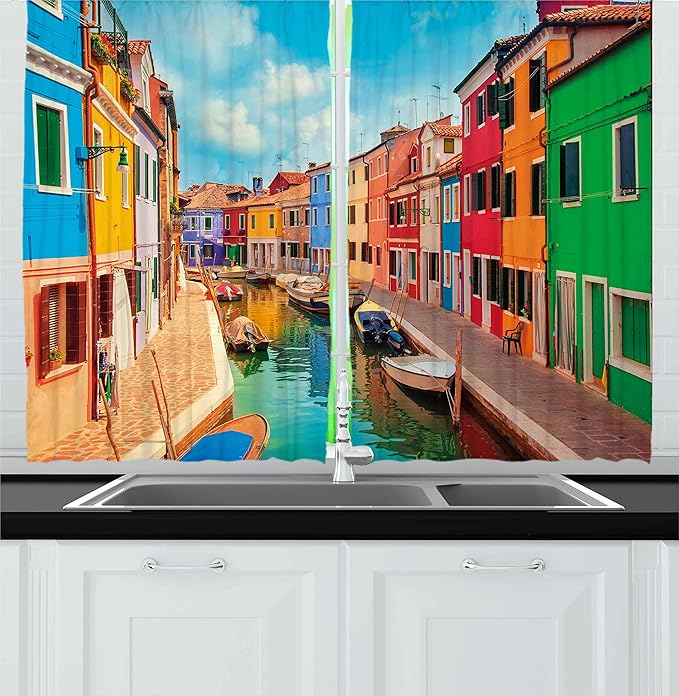 Ambesonne Venice Kitchen Curtains, Colorful Buildings and Water Canal with Boats Burano Island in The Venetian Lagoon, Window Drapes 2 Panel Set for Kitchen Cafe Decor, 55" x 36", Colorful