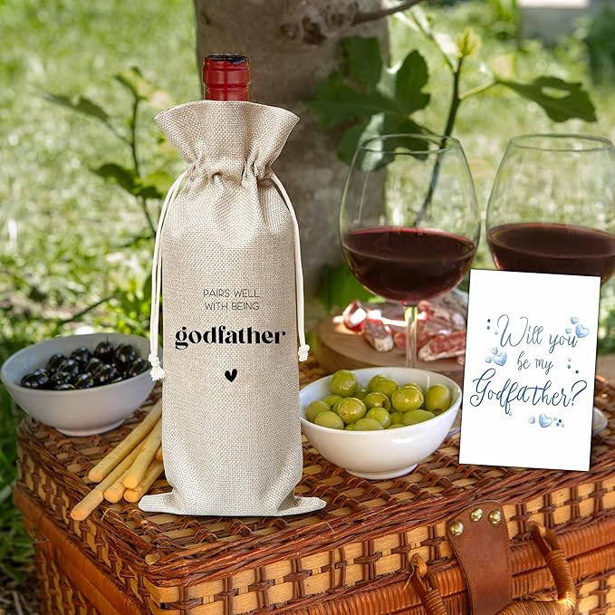 Xanev Godfather Wine Gift Bag For Men, Godfather Proposal Gifts, Pairs Well With Becoming Godfather Wine Bag, Baptism Gifts For Godfather From Godchild, Birthday Wine Party Favors Decor, B02