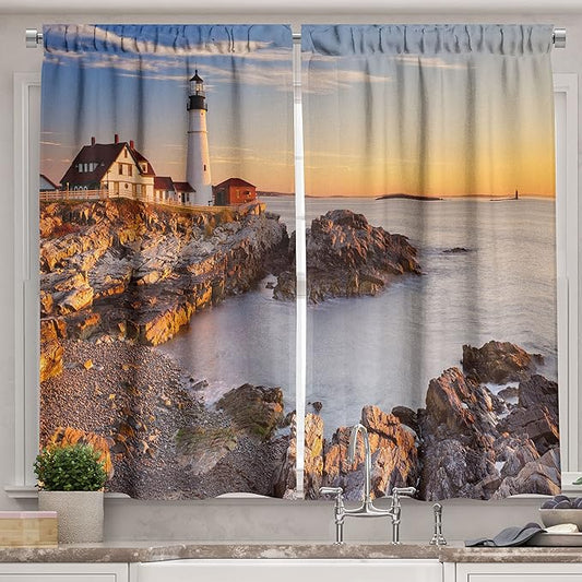 Ambesonne United States Kitchen Curtains, Cape Elizabeth Maine River Portland Lighthouse Sunrise USA Coast Scenery, Window Drapes 2 Panel Set for Kitchen Cafe Decor, 55" x 39", Blue Tan