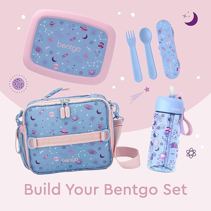 Bentgo® Kids Utensil Set - Reusable Plastic Fork, Spoon & Storage Case - BPA-Free Materials, Easy-Grip Handles, Dishwasher Safe - Ideal for School Lunch, Travel, & Outdoors (Lavender Galaxy)