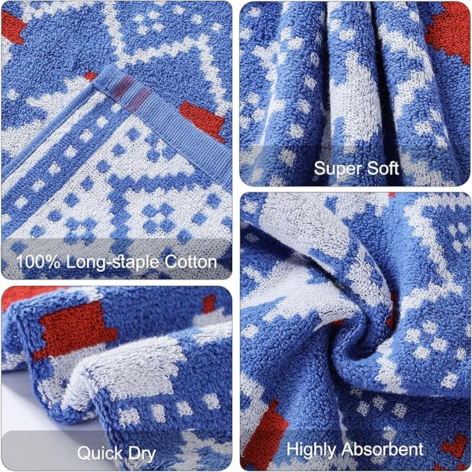 Luxury Blue Christmas Snowman Bath Towel Sets for Boy Girl Gift , 1 Bath Towels 1 Hand Towels 1 Washcloths 100% Cotton Ultra Soft Fluffy Highly Absorbent Double Sided Pattern Towel for Face Body