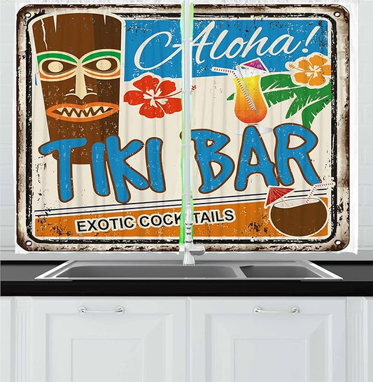 Ambesonne Tiki Bar Kitchen Curtains, Rusty Vintage Sign Aloha Exotic Cocktails and Coconut Drink Antique Nostalgic, Window Drapes 2 Panel Set for Kitchen Cafe Decor, 55" x 36", Blue Brown
