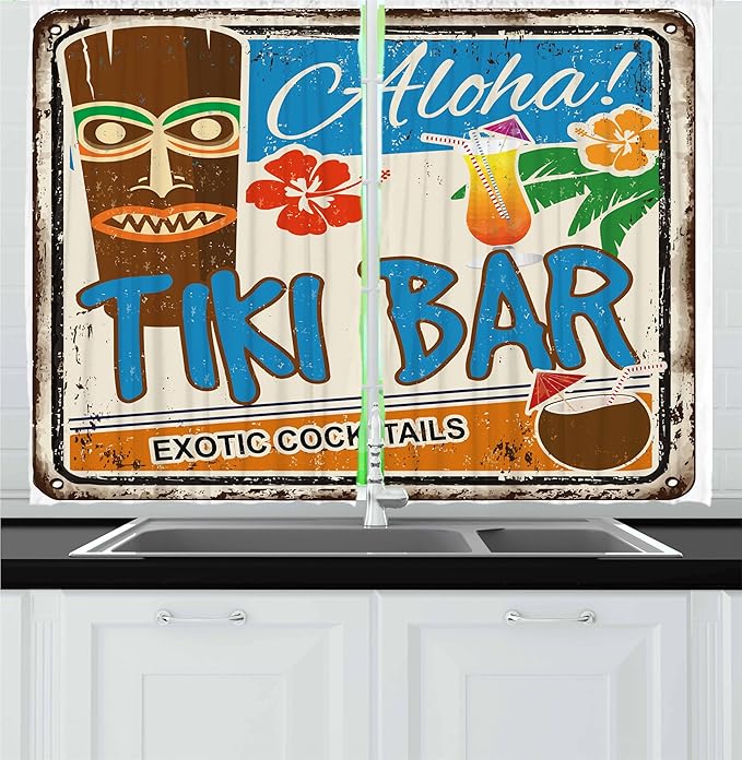 Ambesonne Tiki Bar Kitchen Curtains, Rusty Vintage Sign Aloha Exotic Cocktails and Coconut Drink Antique Nostalgic, Window Drapes 2 Panel Set for Kitchen Cafe Decor, 55" x 30", Blue Brown