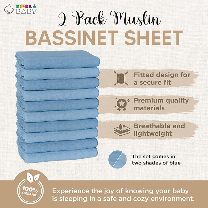 Bassinet Fitted Sheets - Compatible with Ingenuity Foldaway Rocking & Lullanight Soothing | 100% Organic Muslin Cotton - Light Blue + Dark Blue | 32x19 (2 Pack)