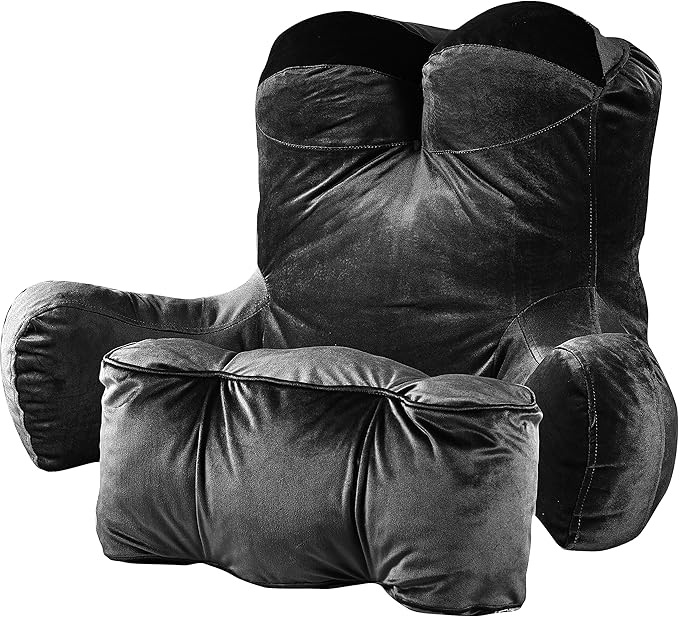 Reading Pillow Adults 31’’, Backrest Pillow with Arms for Sitting in Bed Couch Shredded Memory Foam, Back Pillow with Leg Pillow and Pockets for Reading/Gaming/Relaxing,Black