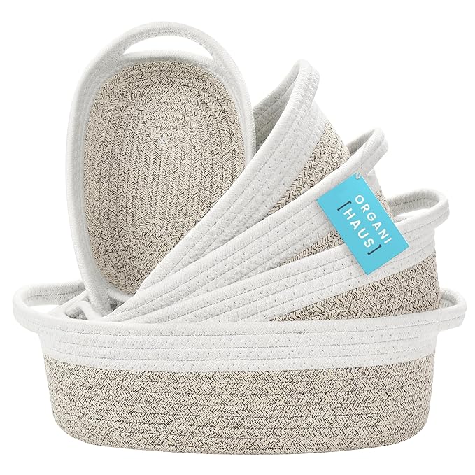 OrganiHaus Set of 5 Rectangle Bathroom Storage Baskets for Organizing, Small Woven Baskets for Storage Basket for Bathroom, Nursery Storage Basket for Baby Nursery Organization, Cute Bin, Brown/White