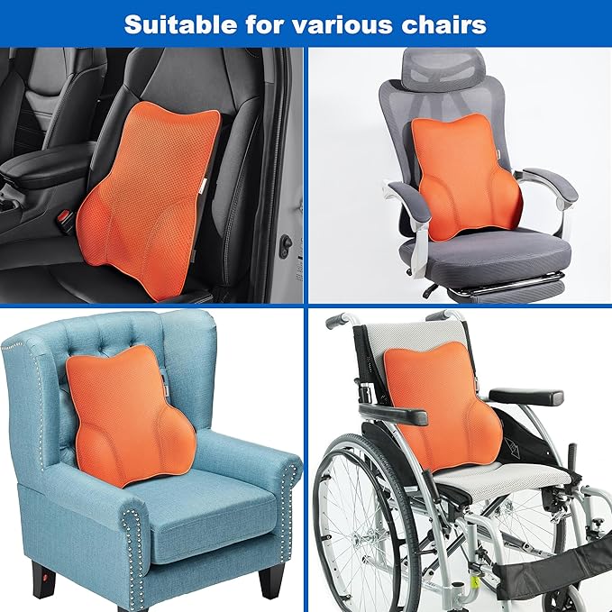 Soft Memory Foam Lumbar Support Pillow for Car Seat and Office Chair Back Support Pillow, Back Cushion for Pain Relief Improve Posture (Mesh-Orange)