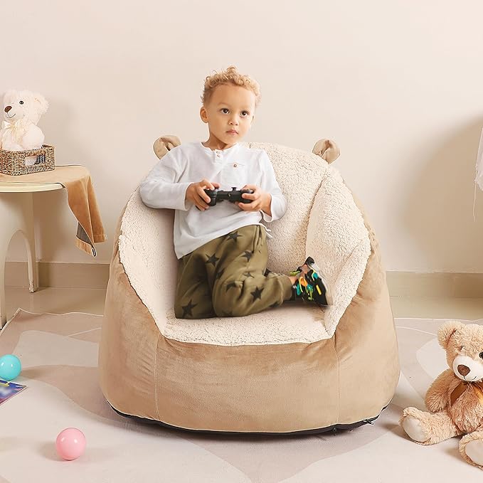 Cute Soft Bean Bag Chair for Kids with Fluffy Bear Ears, Cozee Fluffy Lazy Chair for Up to 10 Years Old Girls and Boys