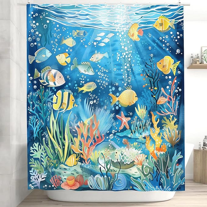 Fish Shower Curtain for Bathroom Tropical Fishes Shower Curtains Home Bathroom Bathtubs Ocean Underwater World Fish Decor Polyester Shower Curtain Waterproof Washable Durable 12 Hooks 72"x72"