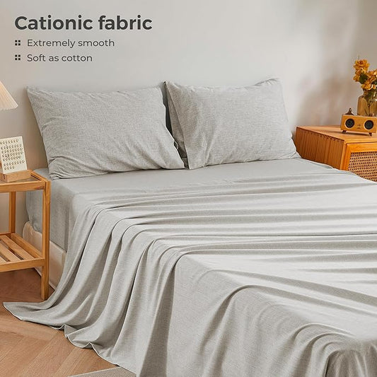 King Sheets Light Grey, Ultral Soft Cationic Linen Look Sheets, Luxury Cooling Cozy Bed Sheet Set with Non-Slip Fitted Sheet