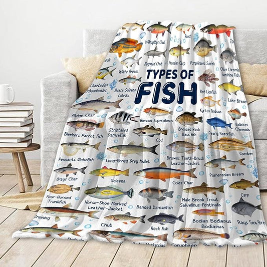 Fish Throw Blanket,Types of Fish Blanket Fish Blanket Gifts,Ultra Soft Lightweight Flannel Blankets Warm Fuzzy Cozy Plush Blankets for Couch Sofa Bed Living Room,Queen Size-60"x80"