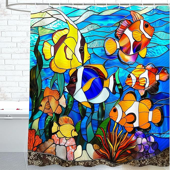 Fish Shower Curtain for Bathroom Fish Shower Curtains Home Bathroom Bathtubs Stained Glass Fish Decor Polyester Shower Curtain Waterproof Washable Durable 12 Hooks 72"x72"