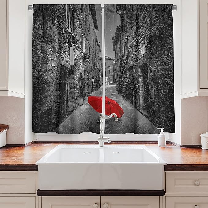 Ambesonne Black and White Kitchen Curtains, Red Umbrella on a Dark Narrow Street in Tuscany Italy Rainy Winter, Window Drapes 2 Panel Set for Kitchen Cafe Decor, 55" x 39", Light Brown