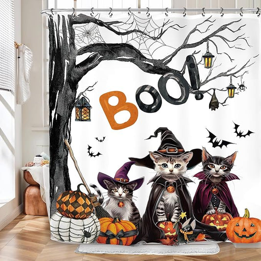 Halloween Cat Gothic Shower Curtain 60Wx72L Inch Pumpkin Horror Spider Bat Scary Spooky Witchy Animal Bathroom Set Accessories Decor with 12 Pack Hooks