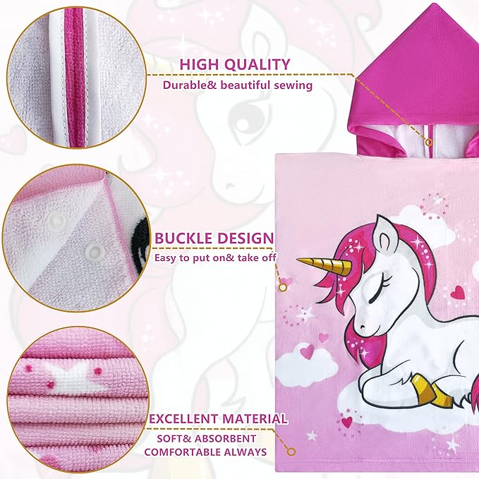 Kids Hooded Poncho Towel for Girls, Toddlers Bath Beach Pool Swim Towels with Hood Cover-ups Swimwear (3D Unicorn with bag)