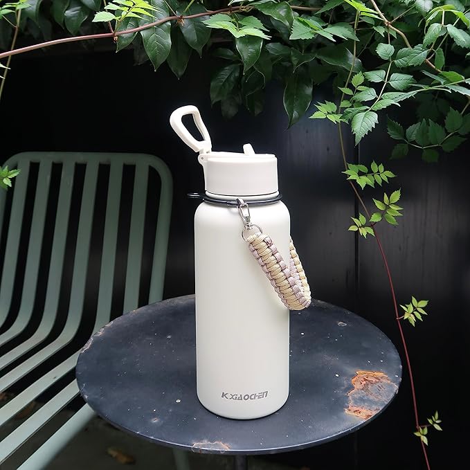 32 oz Insulated Water Bottle with Paracord Handles & Strap, 2 Lids(Straw Lid&Spout Lid), Stainless Steel Reusable Wide Mouth Metal Water Bottle With Straw, Double Walled, Thermo Mug(Cream)