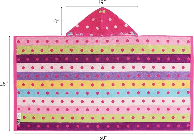 Hooded Bath Towel Wrap - 100% Cotton Jacquard Reversible Large Hooded Kids Towel - Toddler Shower Pool Beach Towel - Soft Plush Absorbent Quick Dry Easy Care Gift -26x50- Pink Multicolor