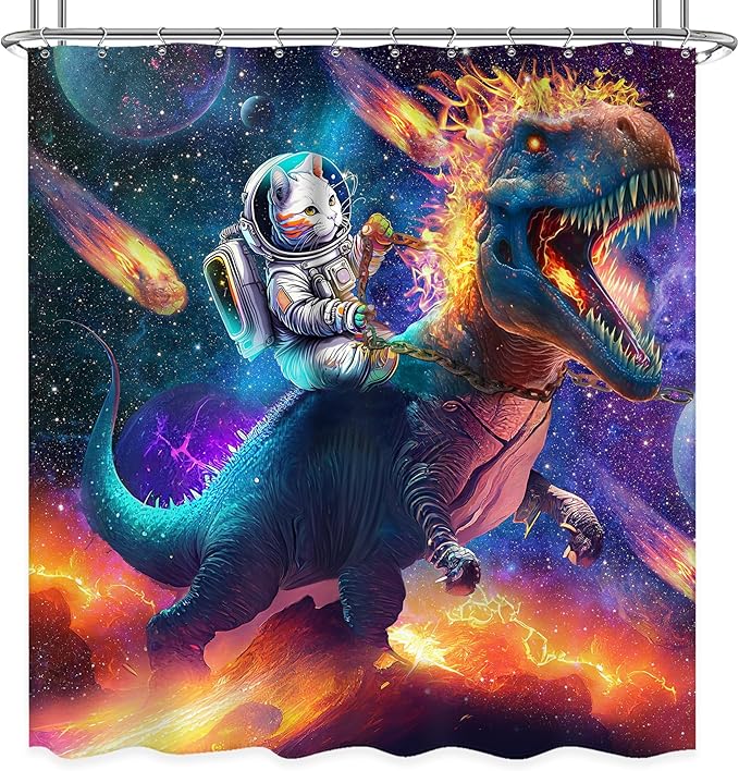 Funny Cat Riding Dinosaur Shower Curtain 72Wx72L Inch Kids Boys Dino Astronaut Animal Galaxy Outer Space Universe Star Bathroom Set for Teen Bath Curtain Bathtub Accessories Home Decor