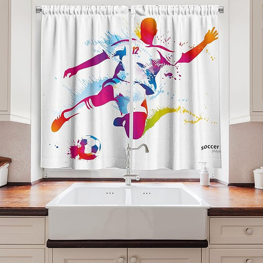 Ambesonne Sports Kitchen Curtains, Soccer Proffesional Player Kicks Ball Watercolor Style Spray Championship Image, Window Drapes 2 Panel Set for Kitchen Cafe Decor, 55" x 39", Orange Magenta