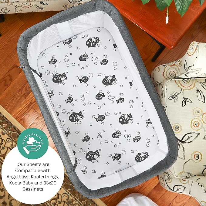 TansyPanda Bassinet Sheets for Angelbliss, Koolerthings, Koola Baby Bassinet Bedside Sleeper, 3 Pack, 33x20 inch, Ultra Soft, Breathable, Snug Fit, Unisex Boys Girls, Gray White (Ocean Fish Theme)