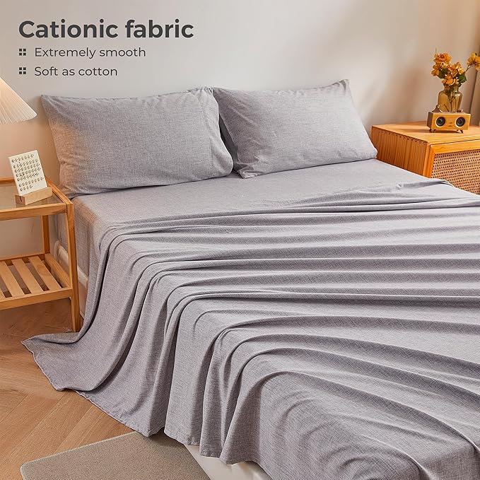 Twin Sheets Dark Grey, Ultral Soft Cationic Linen Look Sheets, Luxury Cooling Cozy Bed Sheet Set with Non-Slip Fitted Sheet